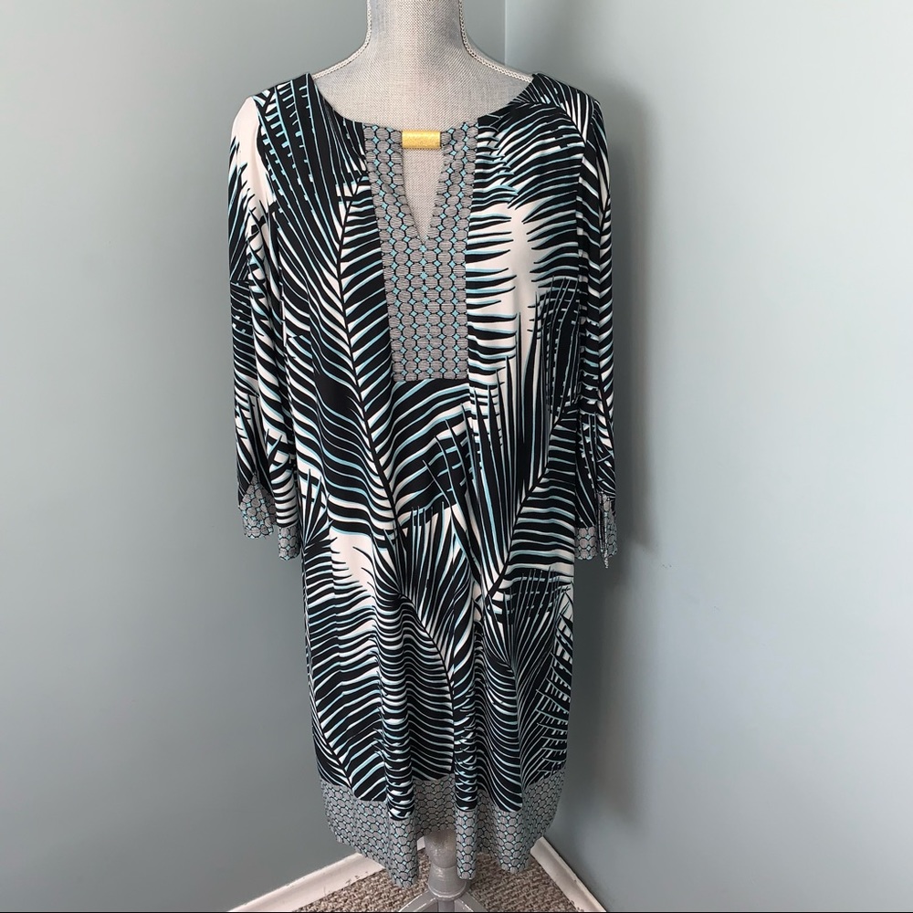 LONDON TIMES size 14 W keyhole tunic dress palm print tropical summer dress